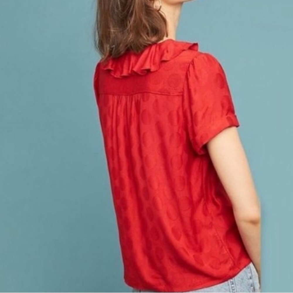 Anthropologie Jojo red ruffle button down blouse top Sz Small - Picture 2 of 7